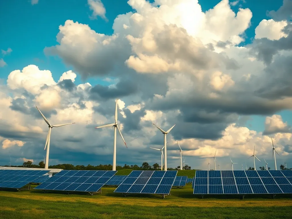 A wide cinematic shot of a modern wind farm and solar panels
