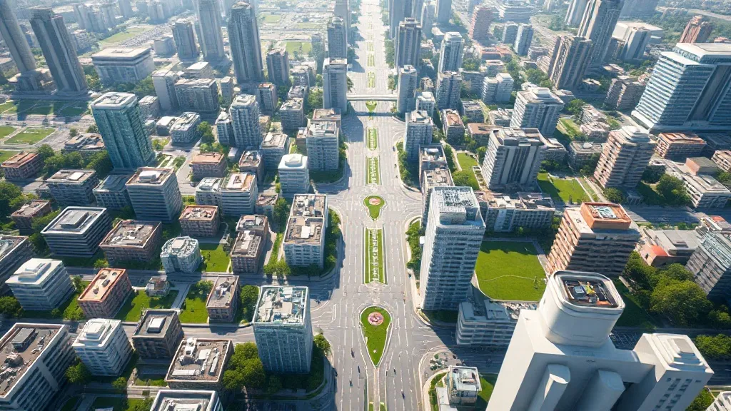 High-angle view of a futuristic sustainable city grid with g